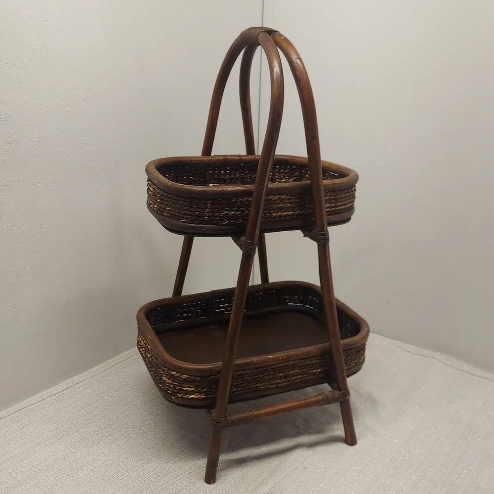 Vintage Dark Brown Bamboo Wicker Rattan 2-Tier Serving Stand MCM Boho